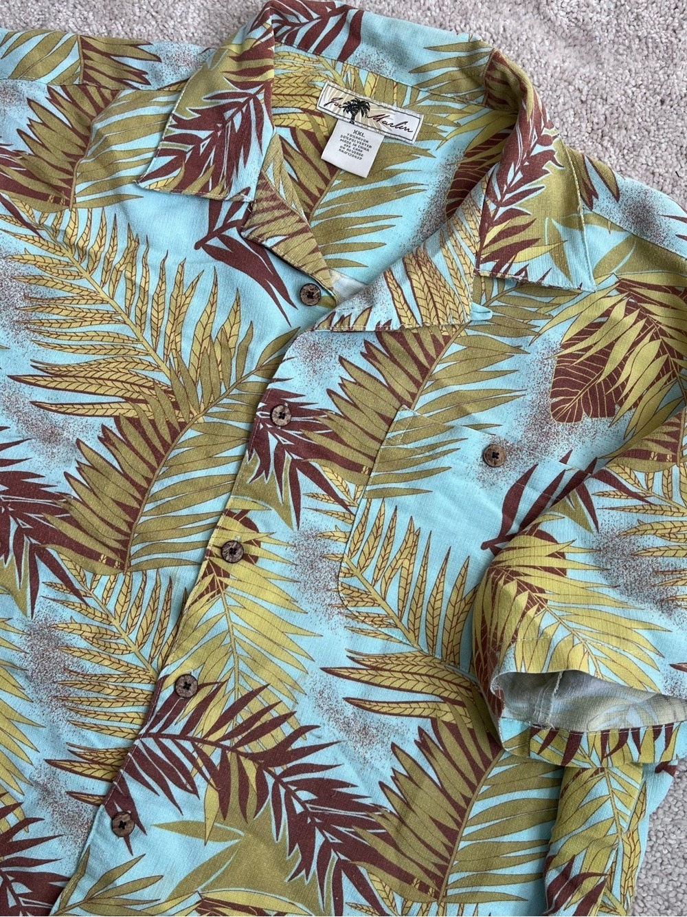 VTG Joe Marlin Aqua Palm-Print Short Sleeve Button-Down Aloha Tropical Shirt XXL